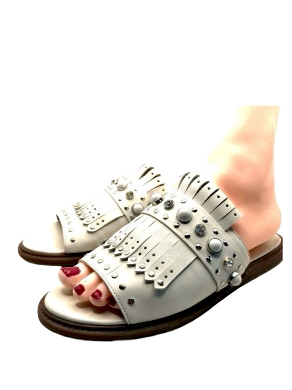 SCHUTZ LIGHT TAUPE LEATHER SLIDE SANDALS WITH BEADING (36)